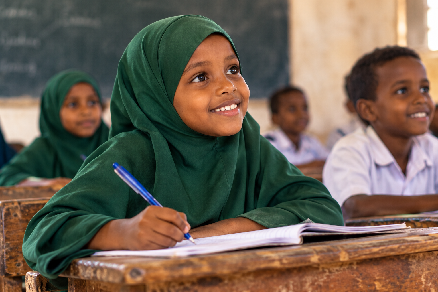Somali schoolgirl in a classroom, representing access to education